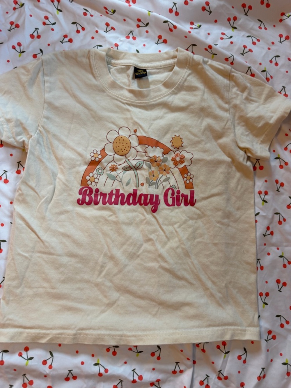 Amazon Cream Short-Sleeve "Birthday Girl" Tee with Orange & Pink Floral Rainbow